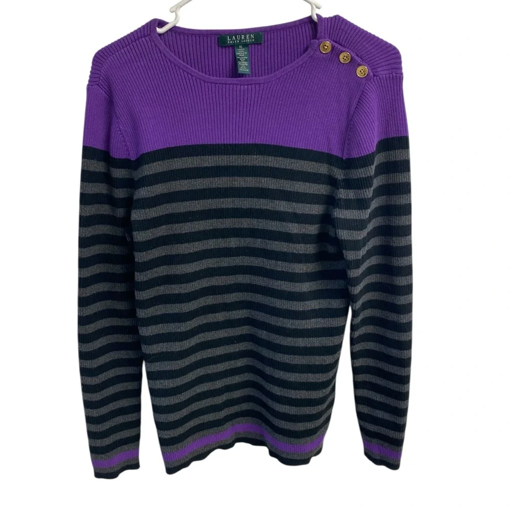Lauren Ralph Lauren Purple and Black Striped Sweater‎ 3 Shoulder Gold Buttons XL